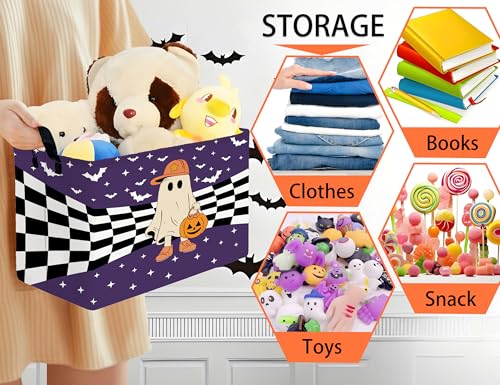Image of Large Halloween Themed Candy Gift Boo Basket for Kids Baby Personalized Adults Storage Bin Fall Decor(Baseball Hat Grid Spooky)