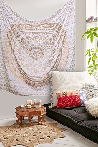 raajsee Wandteppich Mandala,Zimmer Deko, Weißes Gold Wandtuch Boho WandDeko,Wandbehang Psychedelic 132X208 CM