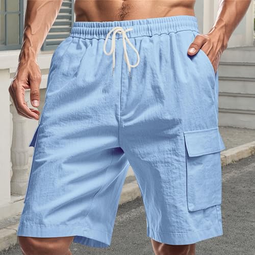Image of Mens Linen Shorts Casual Drawstring Elastic Waist Cargo Vacation Lightweight Breathable Summer Beach Shorts for Men
