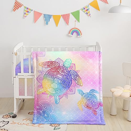 Image of Crib Bedding Set,3pcs Nursery Crib Bedding with Comforter Crib Sheet & Crib Skirt,Mermaid Scales Colorful Turtle Printed Nursery Bedding for Baby Boys and Girls(Pink Turtle)