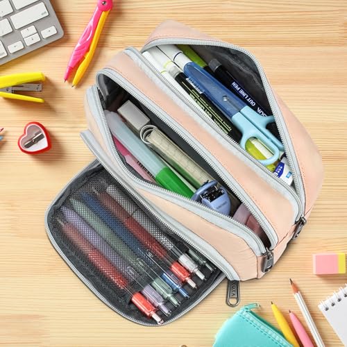 Image of XQXA Pen Pouch Large Capacity Pencil Case Organizer, Multifunctional Pencil Pouch with 3 Compartmens, Big Pencil Bag for Office Travel Men Women Adult (01-Creamy Rice)