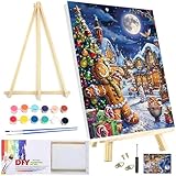 WUDWL Paint by Numbers Kit for Adults Framed Canvas, with Wooden Easel,Paint by Numbers for Kids Ages 8-12, Snowy Christmas Scenery DIY Acrylic Landscape Oil Painting Arts Crafts, 9.45x11.8inch