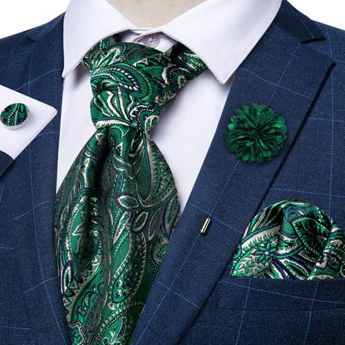 Image of DiBanGu Mens Silk Ascot Ties Paisley Jacquard Woven Cravat and Pocket Square Cufflinks with Lapel Pin for Business Wedding