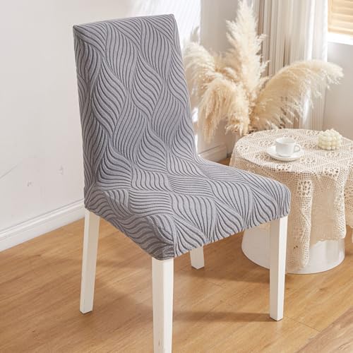 Image of HOMETHREADS Elastic Jacquard Chair Cover - Stretchable, Removable & Washable Short Dining Chair Slipcover | Durable Seat Protector for Kitchen, Dining Room & Banquet Chairs (Grey, Pack of 4)