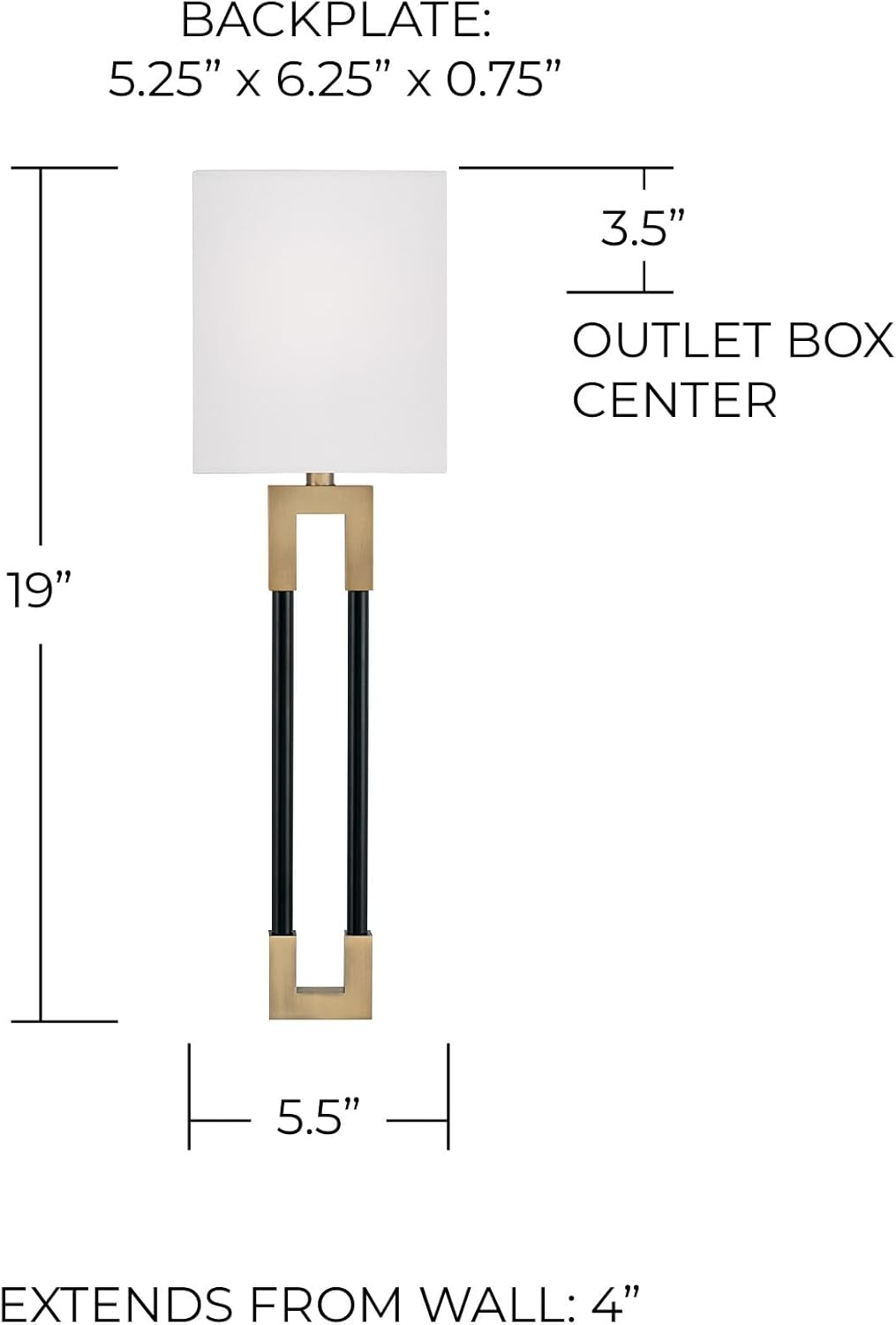 Capital Lighting 644711AB Bleeker Modern Flush Mounted Rectangular White Fabric Wall Sconce, 1-Light 60 Watt, 19" H x 6" W, Aged Brass and Black