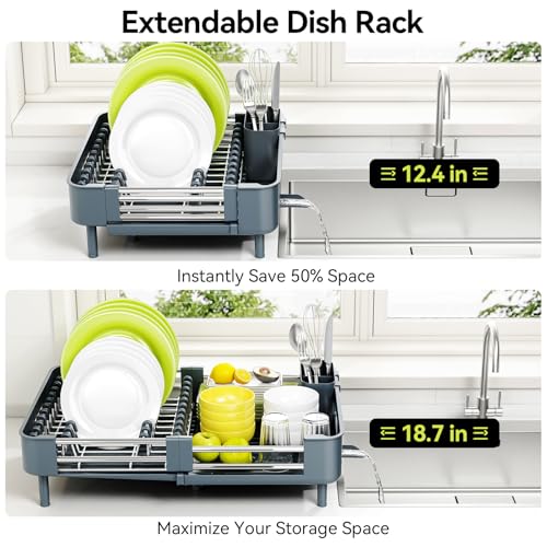 Image of Urackify Stainless Steel Dish Drying Rack - Dish Drainer for Kitchen Counter, Extendable Drainboard with Foldable, Space-Saving Cup & Bowl Organizer, Includes Knife and Utensil Holder, Matte-Green