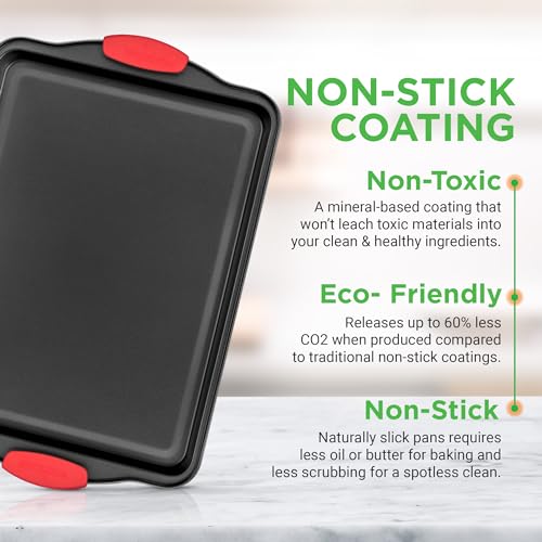 NutriChef 3-Piece Nonstick Kitchen Oven Baking Pans - Premium & Stylish Non-Stick Steel, Commercial Grade Restaurant Quality Metal Bakeware with Red Silicone Handles - Easy to Clean, NCSBS3S image 5