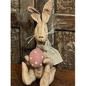 Primitives Supplies for Grubby Primitive Rustic Easter Bunny w Pink Polka Dot Egg Doll 10 Poseable Ears for Home Easter Holiday Decor