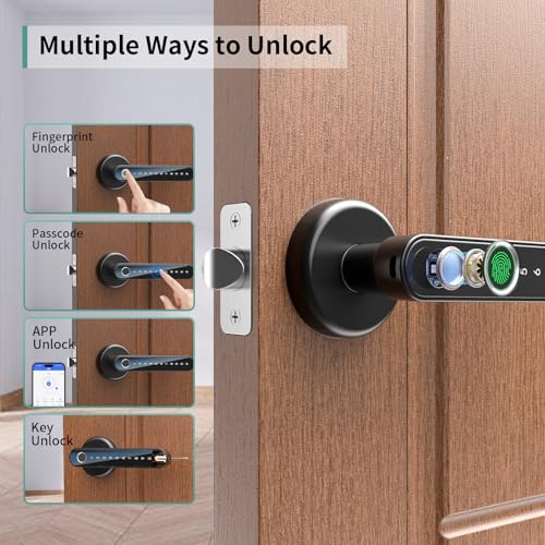 Image of IRONZON 191Y 4-in-1 Smart Fingerprint Door Handle with App Control | Keyless Bedroom Door Knob Smart Door Lock with Keypad, One-tap Privacy Mode Setup, Auto-Lock Easy to Install - Black