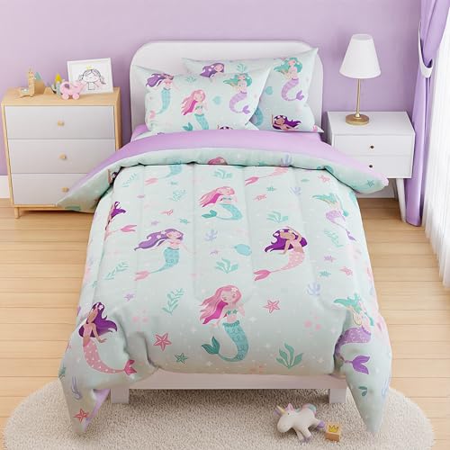 SANDJEST Mermaid Comforter Set Twin Size 68x86in for Kids Girls Microfiber 3 Pcs Bedding Set Includes 1 Comforter 1 Pillowcase 1 Fitted Sheet Nursery Room Decor