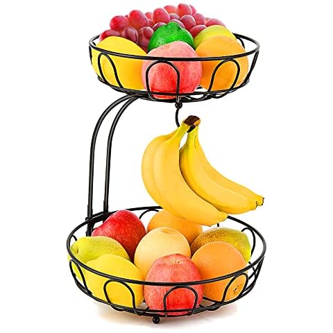 2 Tier Fruit Basket for Kitchen Countertop Detachable Metal Wire Fruits Vegetable Storage Bowl Tiered Stand Holder with Banana Hanger for Dining Table Organizer Cover