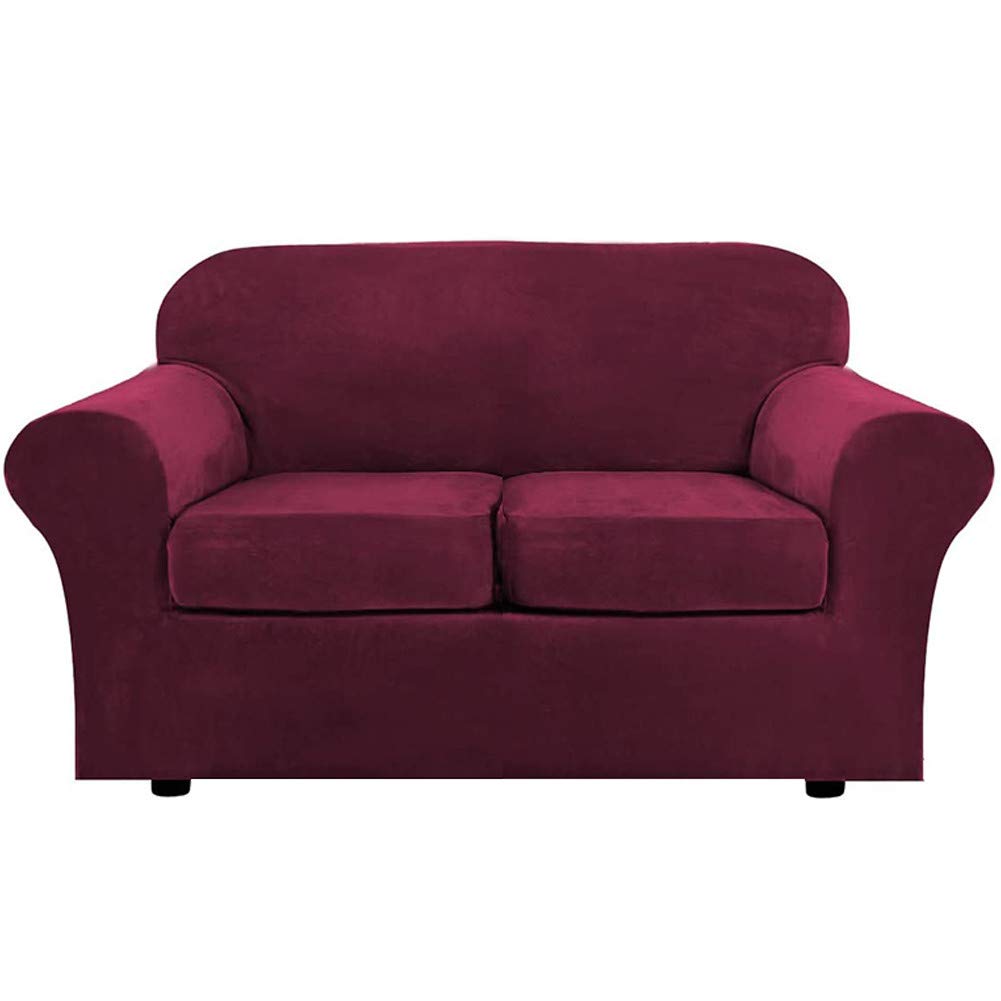 Pokrowce na sofy, Zestaw pokrowców na sofę z pluszu, rozciągliwy pokrowiec dwuosobową poduszką i elastycznym spodem(Wine Red)