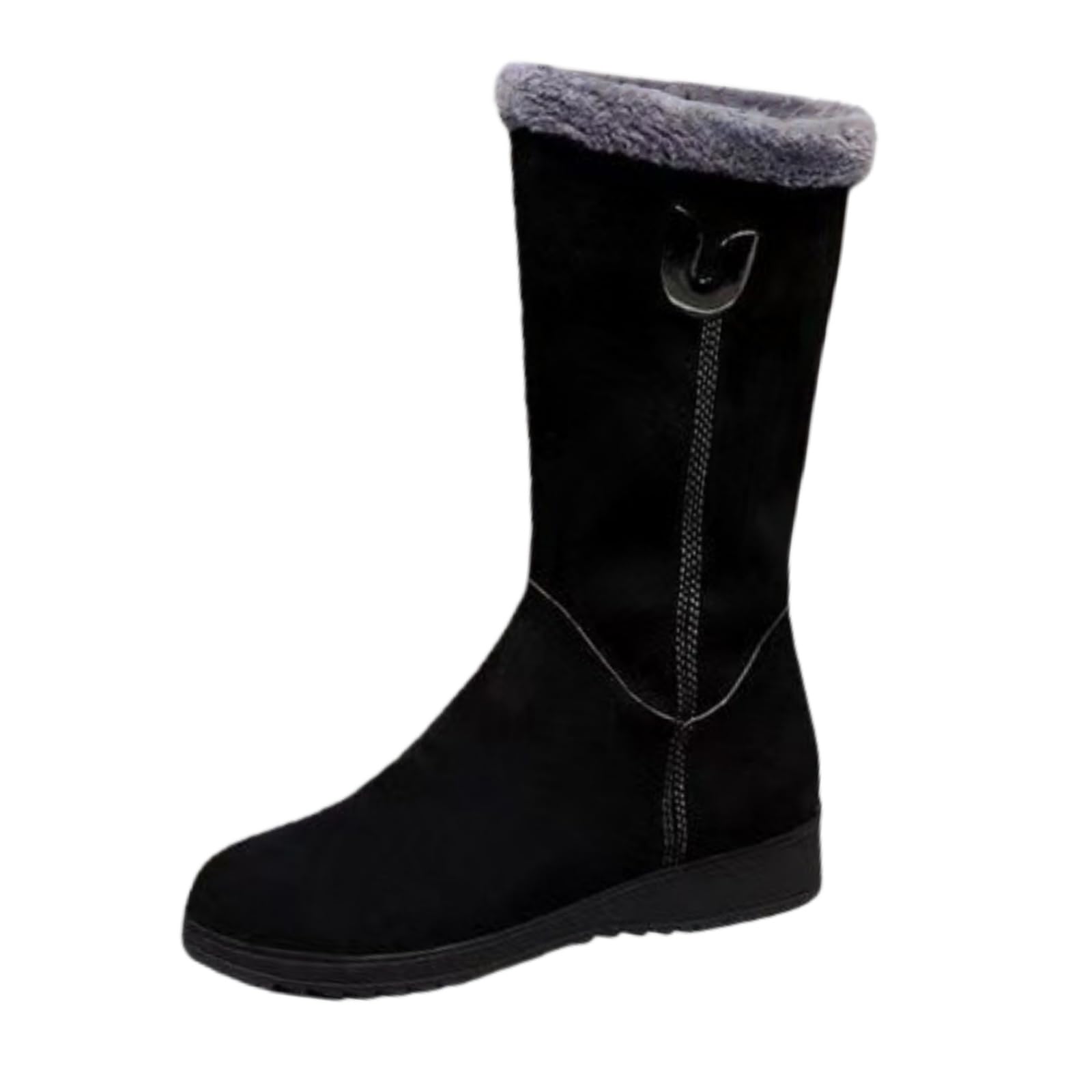 Womens Riding Combat Warm Mid-calf Snow Boots Round Toe Suede Side-Zipper Fur Lined Metal Buckle Shoes Fashionable Chunky