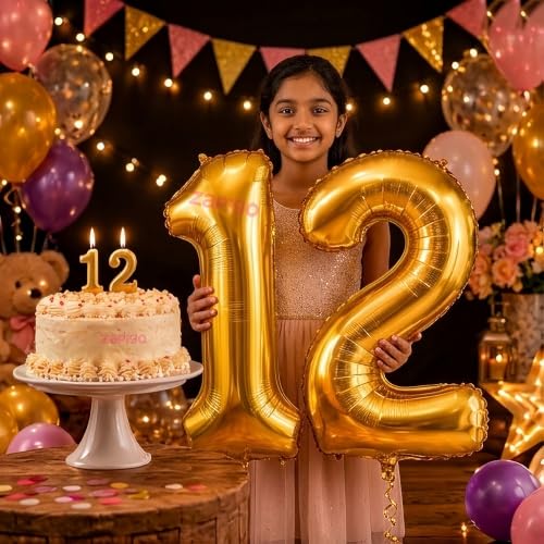 Image of Balloonistics Gold 40-Inch Foil Number 12 Balloon with Matching Number Candle - Combo Set for 12th Birthday, Anniversary, Party Decoration, Cake Table Decor, Photo Booth Backdrop