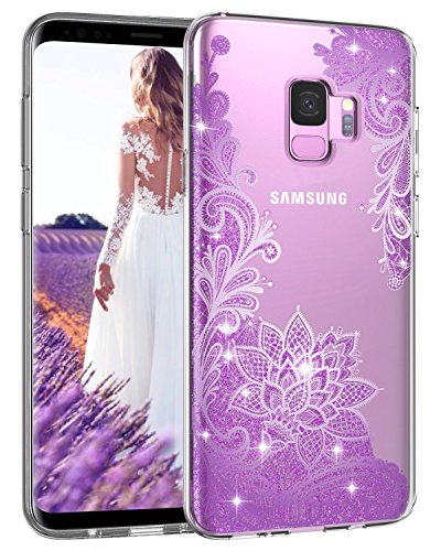Casetego Compatible Galaxy S9 Case,Clear Glitter Bling Shiny Soft Flexible TPU Case Rubber Silicone Skin with Flowers Floral IMD Printed Back Cover for Samsung Galaxy S9-Bling Purple