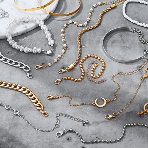 Image of 17IF 18-25 PCS(6 Pack) Boho Gold Silver Stackable Bracelets Set for Women | Chunky Dainty Bangles Adjustable Chain Flat Cuff Cuban Punk Charm Bundle Jewelry