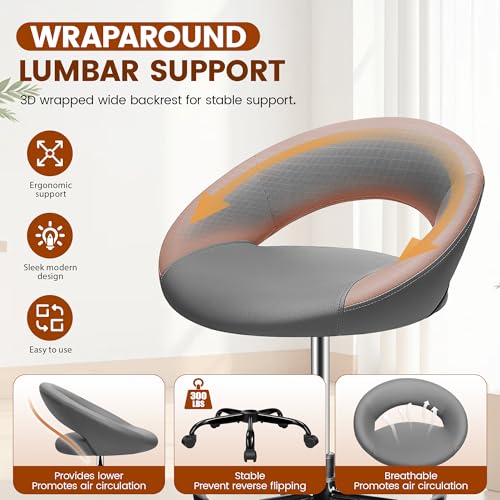 Image of Drafting Chair for Standing Desk - Height Adjustable Rolling Stool with Backrest & Footrest, Tall 360 Swivel PU Leather Chair with Wheels for Office Kitchen Salon, Gray