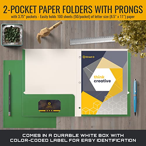 Green Paper 2 Pocket Folders With Prongs, 50 Pack, By Better Office Products, Matte Texture, Letter Size Paper Folders, 50 Pack, With 3 Metal Prong Fastener Clips, Green #TOP1
