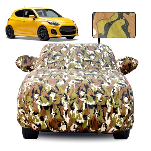 Image of Waterproof Car Body Cover for Maruti Suzuki Alto K10 (2022-2026) with Mirror Pocket, Soft Cotton Lining, Triple Stitched, Full Bottom Elastic (Heat Resistant Jungle Print with Red Piping)