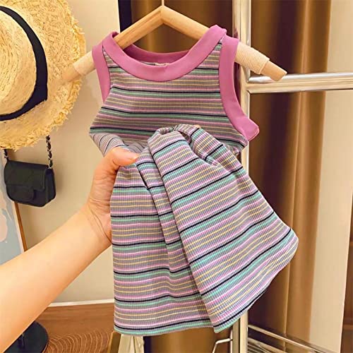 Camiseta regata infantil para meninas sem mangas colete de verão vestido listrado gola redonda algod