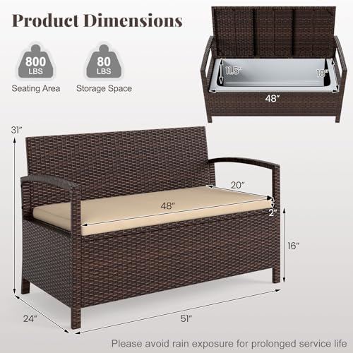 Image of Tangkula 42 Gallon PE Rattan Outdoor Bench with Storage & Cushions