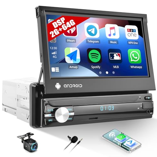 CAMECHO 2G+64G Android 1 DIN Radio Coche Pantalla Extraible con Bluetooth Manos Libres, Pantalla Extraible Táctil de 7 Pulgadas con Mirror Link GPS WiFi FM/RDS USB/AUX + Cámara de visión Trasera