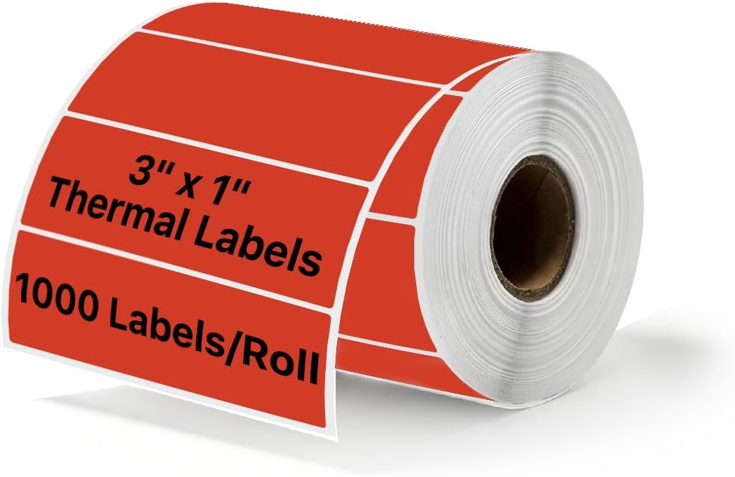 3" x 1" Thermal Labels Stickers, Red, 1,000 Labels/Roll