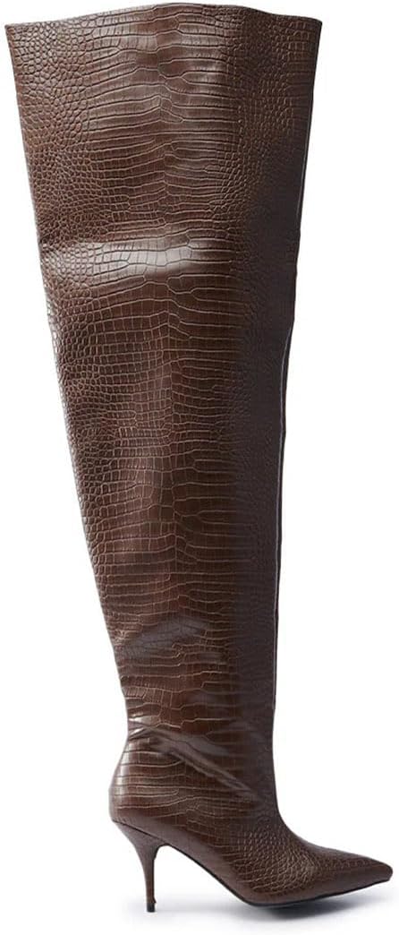 High Heel Thigh High Boots for Women Pointed Toe Stiletto Kitten Heel Over The Knee High Boots Side Zipper Wide Calf Long Tall Shoes