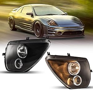 ROXX Headlights Assembly for 2000 2001 2002 2003 2004 2005 Mitsubishi Eclipse, Halo Projector Head Lights with Dual Beam, Clear lens, Driver & Passenger Side (Black Middle Board+ Clear Lens)