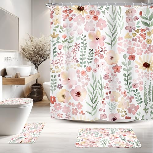 Riyidecor Cute Pink Green Floral 4Pcs Bathroom Shower Curtain Sets