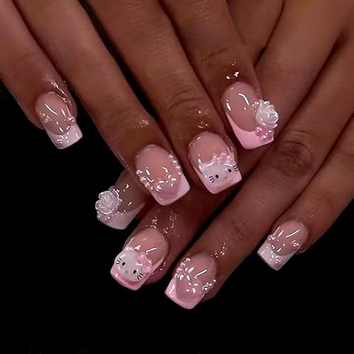 Pink French Tip Press on Nails Short Square Cute Fake Nails with Cat Flowers Nail Charms Design Full Cover Cartoon Acrylic Nails for Women DIY Party Nail Decoration Supply 24Pcs