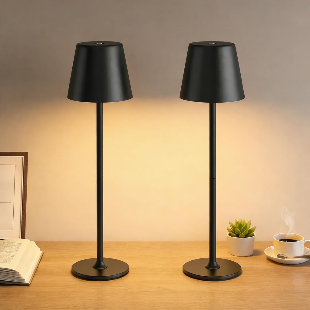 2-Pack Cordless LED Table Lamps, Touch Dimmable Bedside Night Lights, Rechargeable USB, Full Metal Body, Dual Battery, IP54 Waterproof – Black