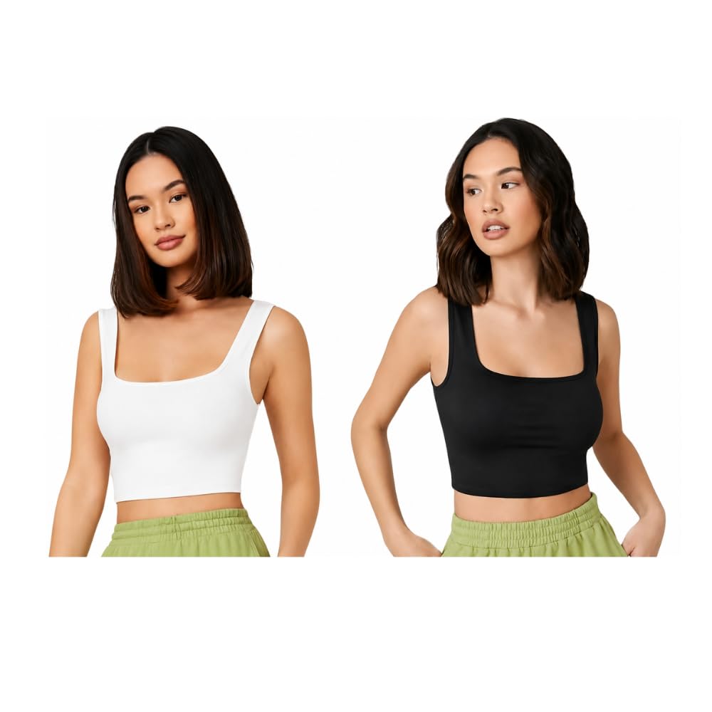 Women's Knitted Sleeveless Solid Square Neck Tank Tops Combo Pack of 2 (Black & White) | Stretchable Ribbed Slim Fit Camisole Tops | Casual Basic Crop Tops Layering-picture-34