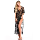 GMDNS Nachthemden Für Damen Sexy Dessous Spitze Transparent Sommer Dünn V-Ausschnitt Schlitz Langes Sexy Nachthemd,Schwarz,S