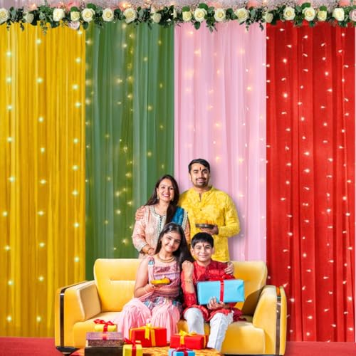 Image of Shimmers 10 Pcs Decorative Net Curtains with Hooks & Ribbon - 4.8 Ft Red, Pink, Green & Yellow Celebration Curtains - Colorful Backdrop for Wedding, Room & Home Decor