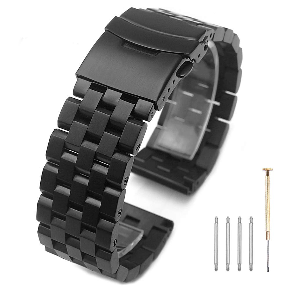 Kai TianBlack Silver Super Engineer Screw Fixed Links Watch Strap 316L Brushed Finish Solid Stainless Steel Watch Band 20mm 22mm 24mm with Double Flip Lock Diver's Clasp for Men Women