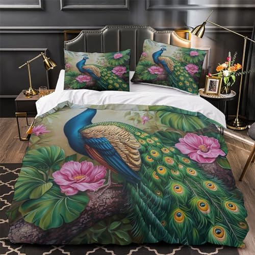 Parure de lit paon housse de couette super king 260x220 microfibre oiseau 3d - 3