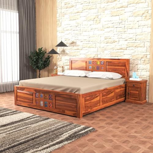 Image of Furniture Sheesham Wood King Size Bed with Storage Box | Wooden Box Bed King Size Double Cot Bed with Storage| Premium Tile Dalla Tile Design Headboard Bed for Living Room | Honey Finish