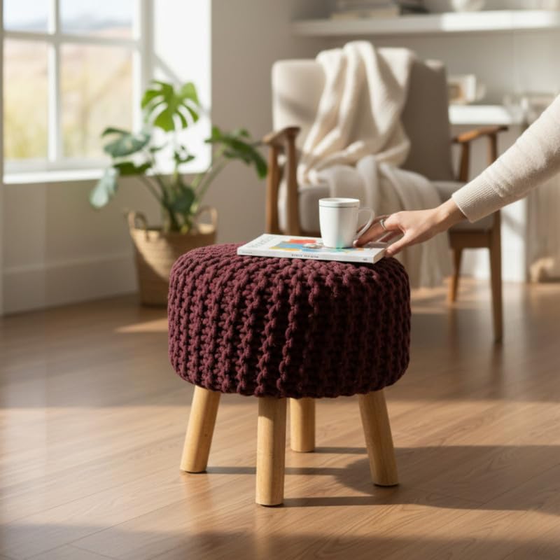 Image of Ottoman Foot Rest Puffy, Cotton Dori Ottoman for Home Decor, Solid Wood Legs Dressing Stool, Footstool Puffy for Living Room & Office Room | 16x17 Inch, Set of 2, Dori Red-Maroon