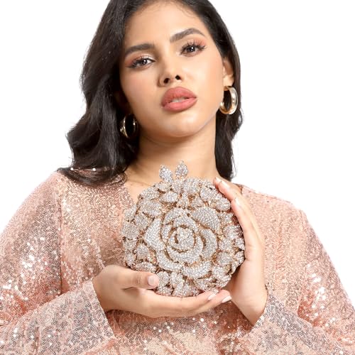 Image of Boutique De FGG Mini Round Flower Crystal Clutch Purses for Women,Formal Evening Bags,Rose Wedding Clutch Bag Party Handbags