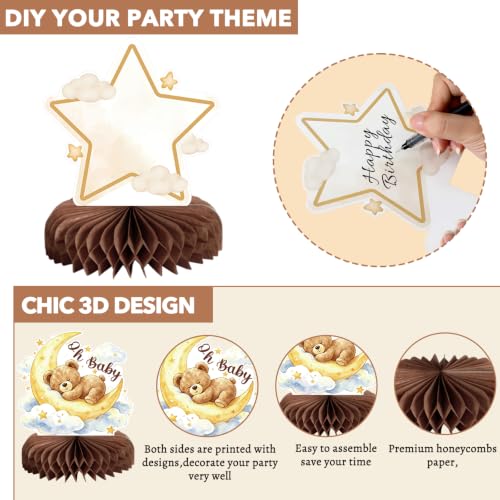 Image of 8Pcs Bear Baby Shower Gender Reveal Decorations Honeycomb Centerpieces, Confetti Baby Shower Table Decorations Birthday Party Table Centerpieces Toppers Party Decor (Brown)
