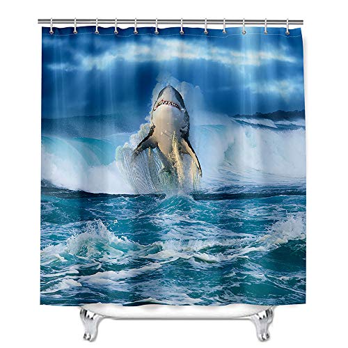 Cortinas de Ducha con Estampado 3D Tiburón para Baño, Mateju Impermeable Antimoho Poliéster Cortinas Baño Incluye 12 Anillas en C para Hogar Bañera Dormitorio Apartamento (Agua de Surf,150x180cm)