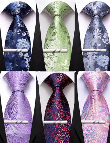 Image of Barry.Wang Mens 6 PCS Ties Silk Striped Paisley Check Floral Necktie Silky Woven Wedding Business Party Ties 3.34 inch