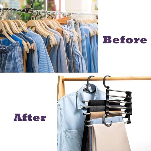 Image of Storite 5 in 1 Stainless Steel Foldable Clothes Hanger | Multi-Layer Space Saving Pant Hanger for Wardrobe | Multipurpose Foldable Trouser & Scarf Organizer Rack (Black)