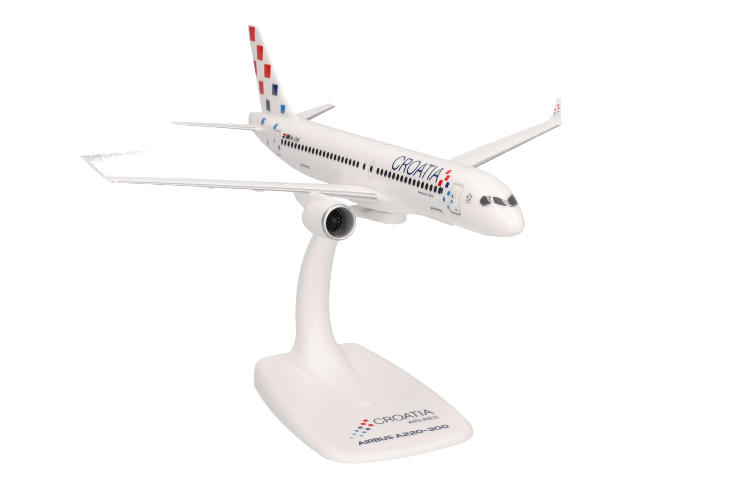 Herpa Snap-Fit Modellflugzeug Croatia Airlines Airbus A220-300 - 9A-CAE Zagreb, Miniatur im Maßstab 1:200, Sammlerstück, Modell mit Standfuß, Kunststoff