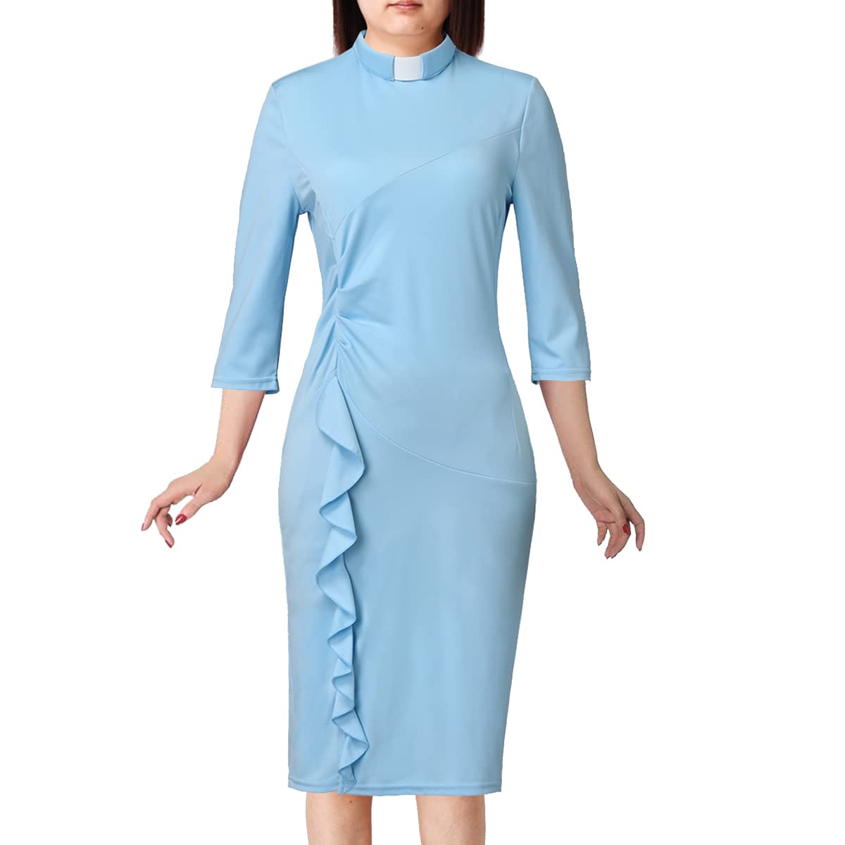 BLESSUME Catholic Church Women Clergy Tab Collar Dress Black Mass Pencil Dress