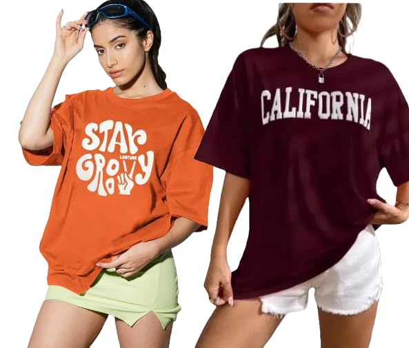 Image of DIAZ Women's Cottonblend Half Sleeve Oversized Drop Shoulder T-Shirt-Pack of 2