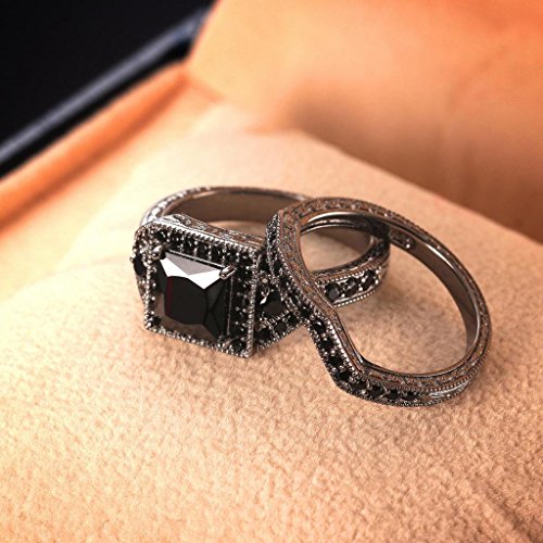 Castillna Black Cubic Zirconia CZ Simulated Diamond Princess Cut Solitaire Halo Bridal Engagement Wedding Rings Sets in Sterling Silver for Women3