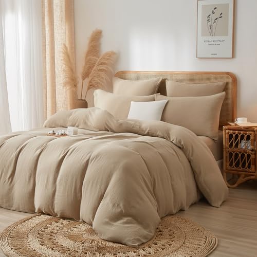 DXHOME Muslin Bettwäsche 135x200 4teilig Khaki Bettwäsche-Set 100% Baumwolle Kuschelig Atmungsaktiv Leicht Weich Bettbezüge mit Reißverschluss und 2 Kissenbezügen 80×80 cm