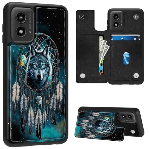 FUYOCWE Case for Motorola MOTO G Play 2024 Phone Case Wallet with Card Holder,Dram Catcher Wolf PU Leather kickstand Card Slot Cover for Women Men (Dual Magnetic Clasp+RFID Blocking)